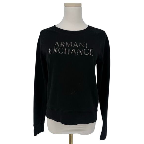 AX Armani Exchange Y2K VTG Rhinestone Logo Sweatshirt Black Women Size M Casual - Picture 1 of 8